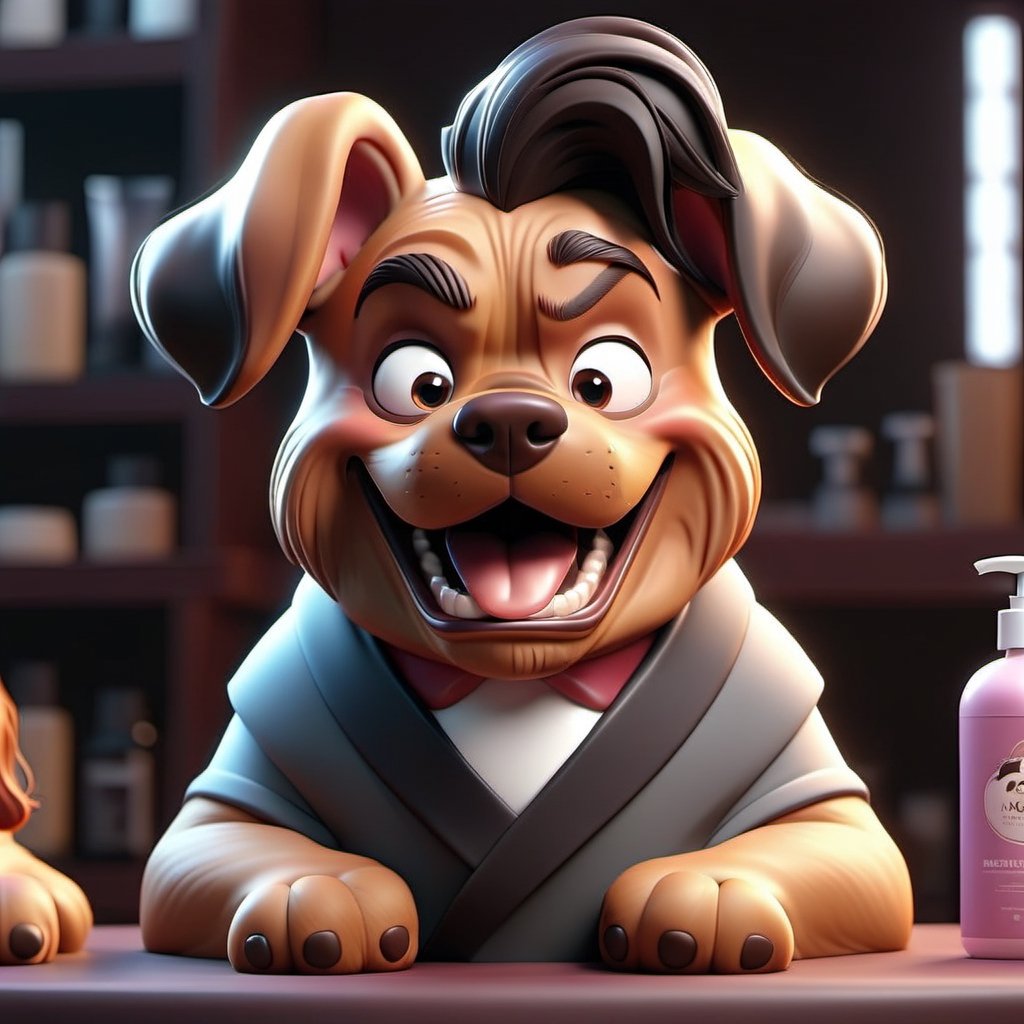 3D cinematic film.(caricature:0.2). 4k, highly detailed, hair salon for dogs, happy, smiling