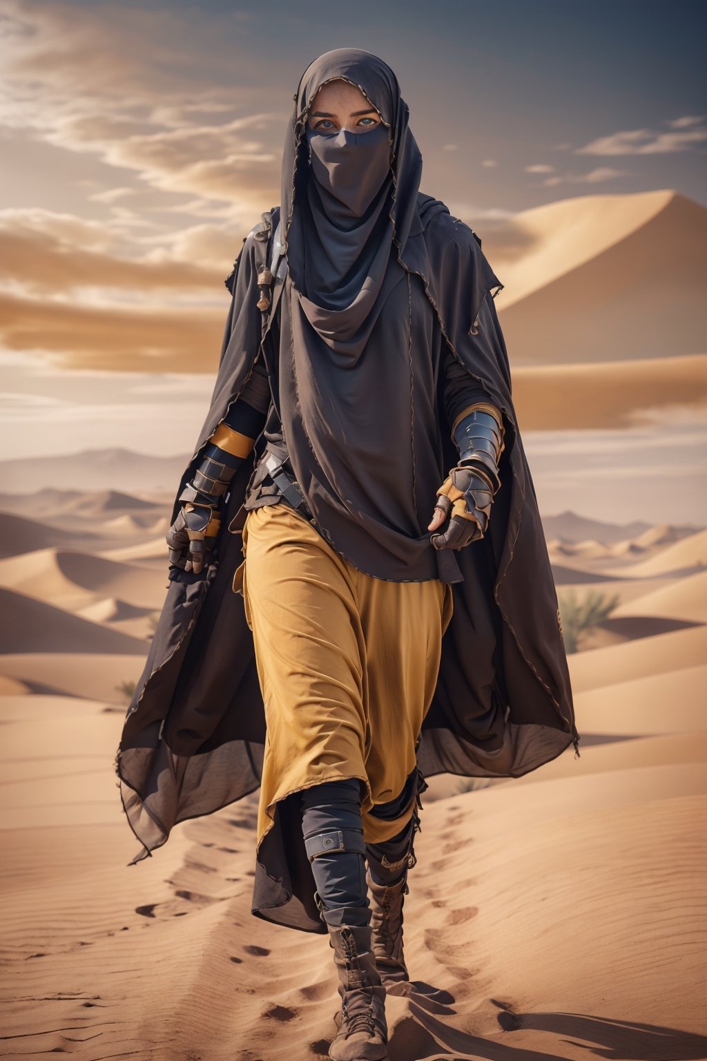girl in warrior armor covered with veil hijab and cloak walking in vast desert yellow sky, she has (glowing blue eyes:1.2)