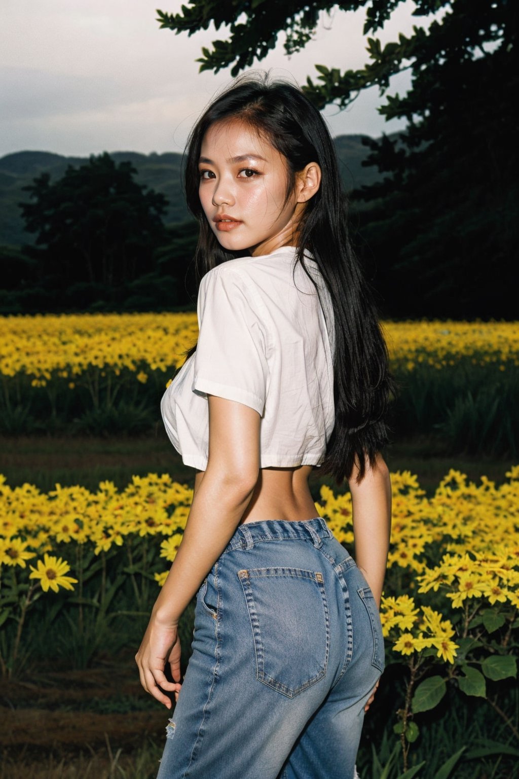 Thai girl , look at viewer, long curl hair, medium boobs, white shirt , low waist denims, Kodachrome, various flowers field with dry tree on the left with backlit , seductive pose 
, full shot, back pose