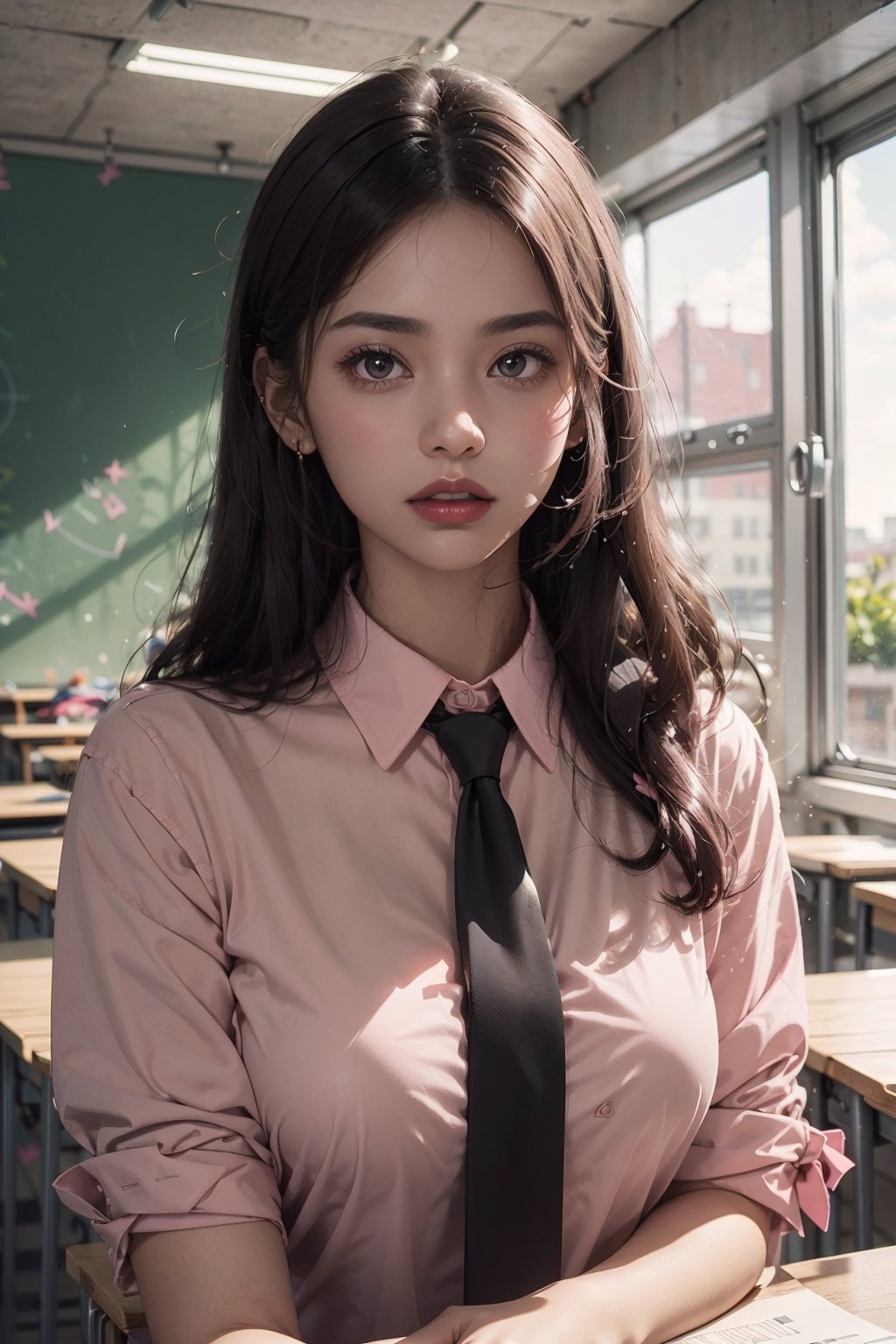 high detailed,wearing light pink shirt ,indian,20 years old beautiful woman,20 years old, college environment, classroom, aestheic light, wearing black loose tie, pink lipstick, long black hair, right hand fixing tie, 