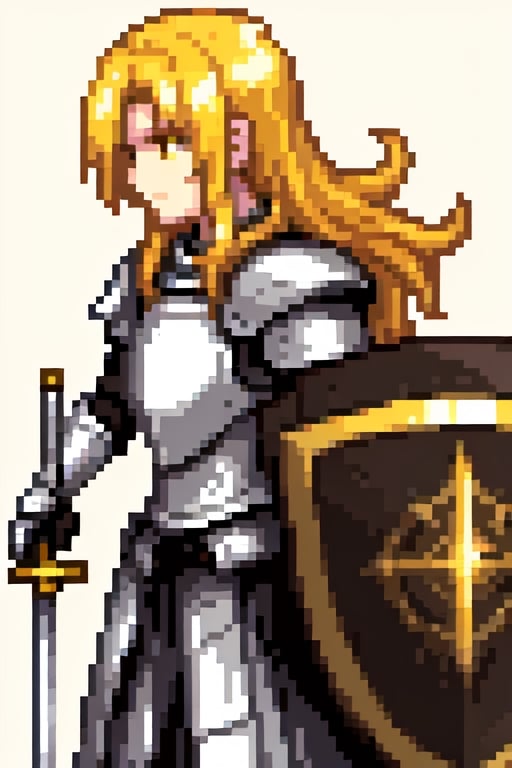 Knight, armor, sideways, side face, scimitar in right hand, sword light, shield in left hand, blurred background, light yellow background,yellow hair