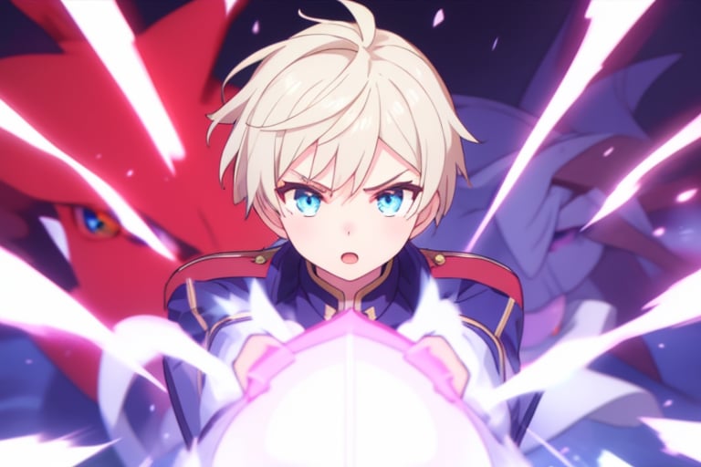 School, magic battle, boy with short white hair, light blue eyes, red military uniform