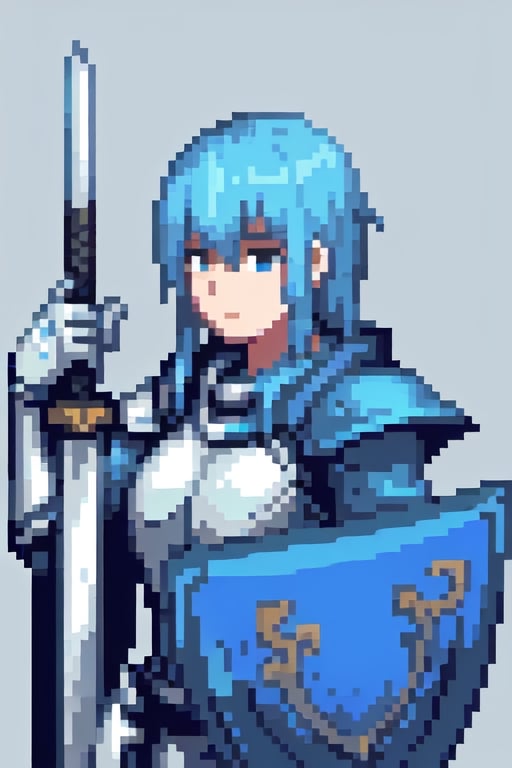 Knight, armor, sideways, side face, scimitar in right hand, sword light, shield in left hand, blurred background, light blue background,