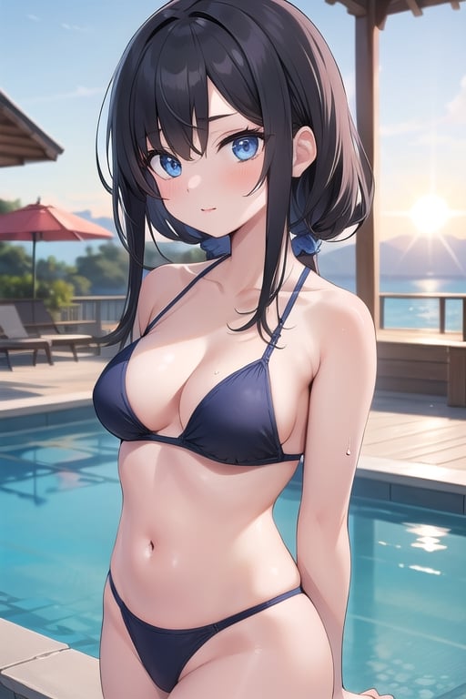 (masterpiece), best quality, high resolution, highly detailed, detailed background, perfect lighting, 1girl, long black hair, bright blue eyes, sun-kissed complexion, swimsuit.