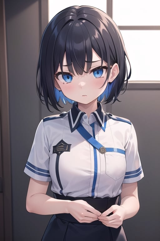 (masterpiece), best quality, high resolution, highly detailed, detailed background, perfect lighting, 1girl, short hair, intense blue eyes, disciplined expression, disciplinary committee uniform