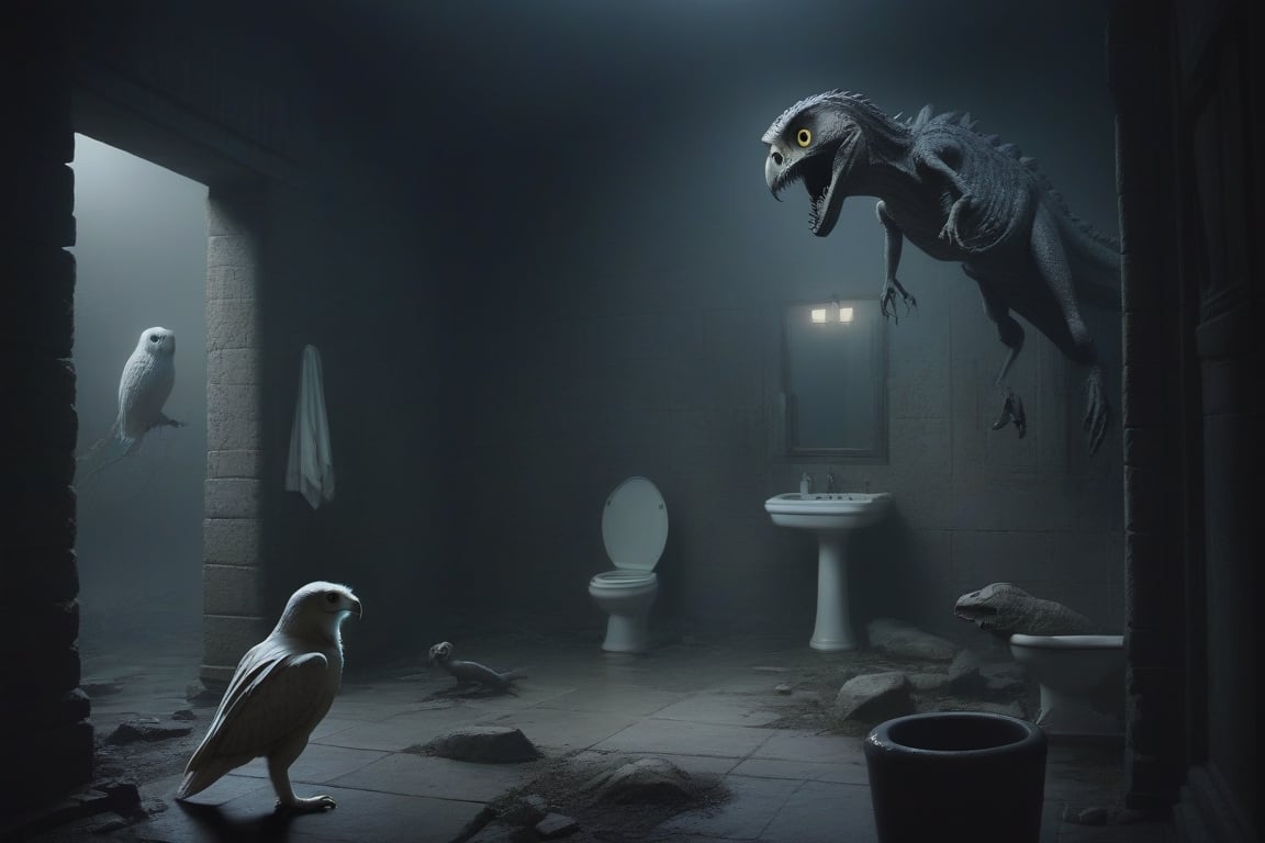 washroom,((ghost)),owl,dinosaur,ruins,dark