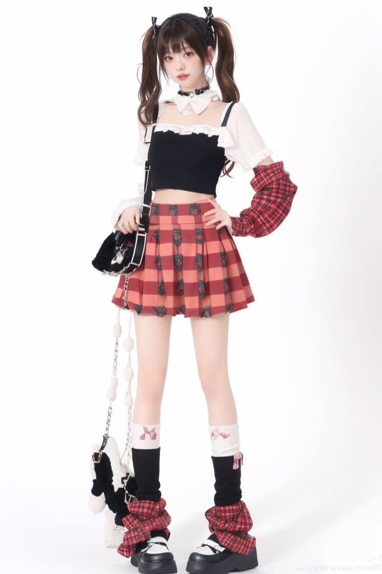 1girl, solo, skirt, simple background, brown hair, white background, twintails, full body, socks, striped, bag, collar, plaid, plaid skirt, loose socks, leg warmers, gothic, fashion