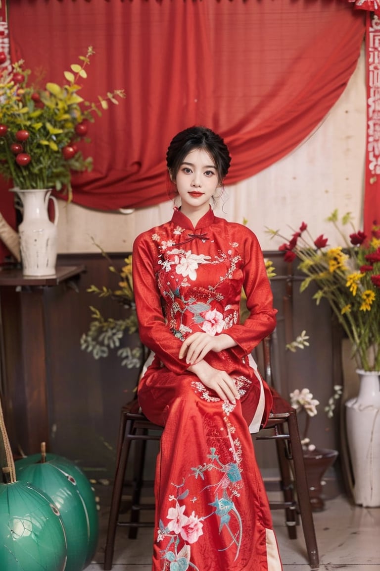 1girl, solo, short hair, black hair, sitting, indoors, chair, floral print, table, plant, hand fan, red aodai,aodaicuoi,perfect