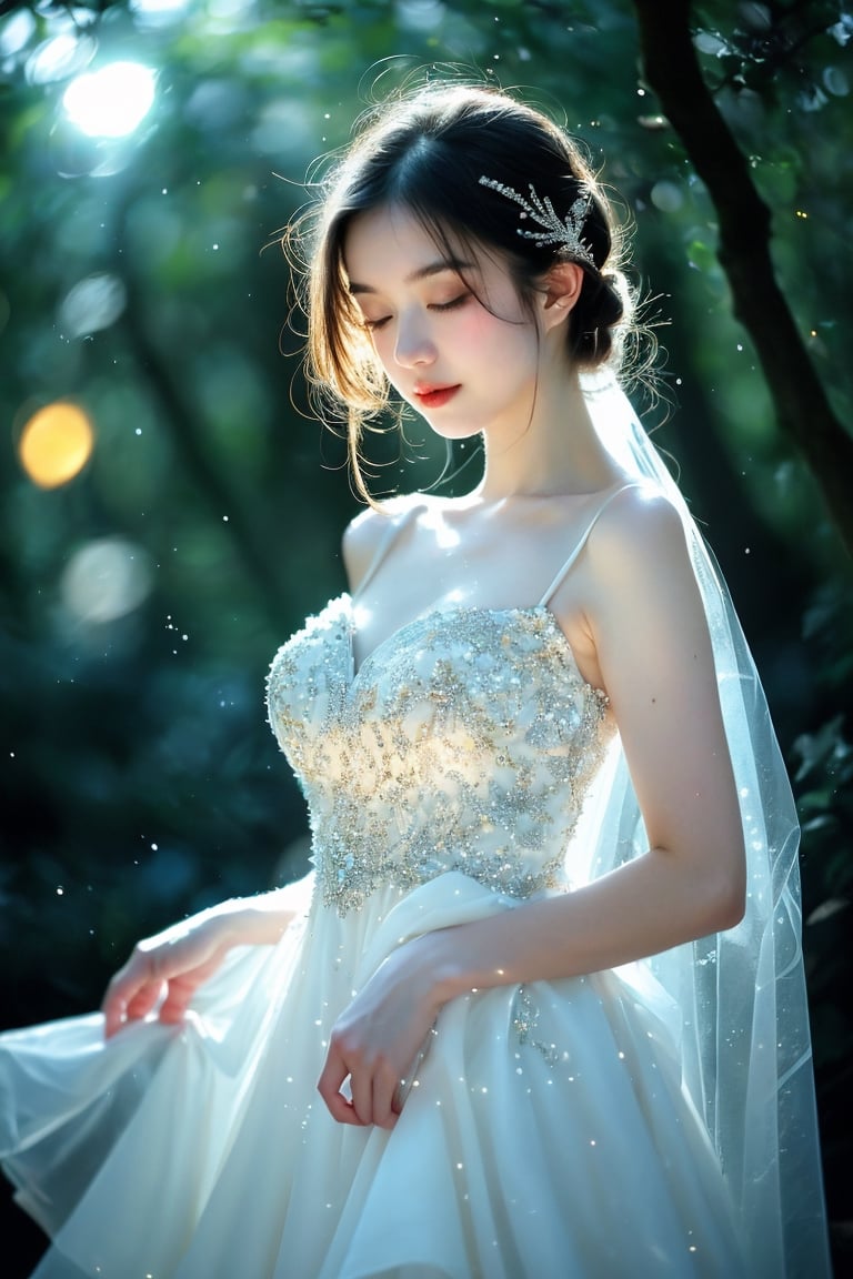 lovely white dress,  in the woods, glowing ice star, magical, fantasy, dreamy, . shallow depth of field, vignette, highly detailed, high budget, bokeh, cinemascope, moody, epic, gorgeous, film grain, grainy, cinematic film, alive,