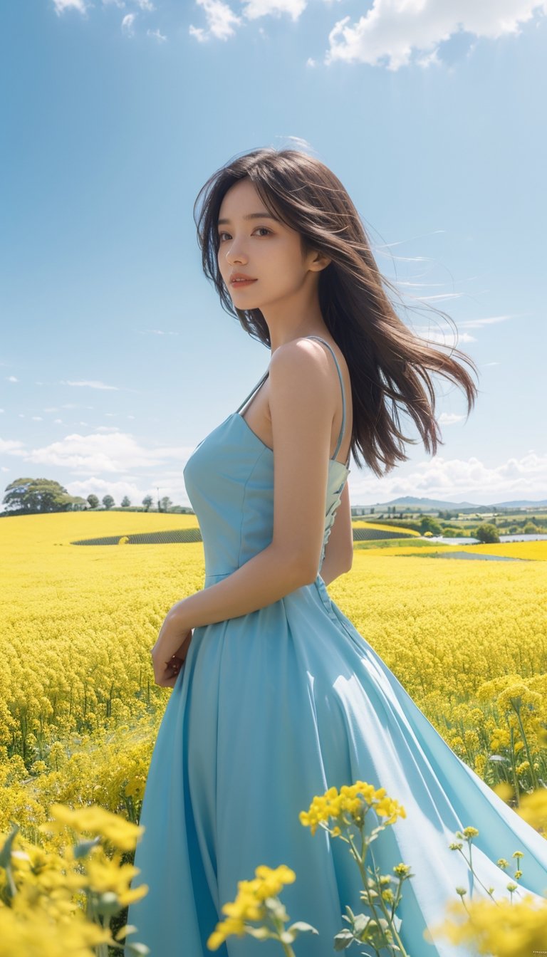 A smiling girl, medium breast, cleagave,  wearing a peacock blue dress standing in the golden rapeseed flower field, her hair gently swaying in the breeze, bathed in sunlight, making her look like a fairy. Behind her is an endless sea of rapeseed flowers, with blue skies, white clouds, and rolling hills in the distance. High-definition photo of a girl in a peacock-blue dress standing in a rapeseed flower field, with long hair fluttering in the wind, bathed in golden sunlight, looking like a fairy, with a vast sea of rapeseed flowers, blue sky, white clouds, and rolling hills in the background. Sharp focus, high-quality picture, dramatic, photorealistic painting art by midjourney and greg rutkowski., Light master, close up shot.