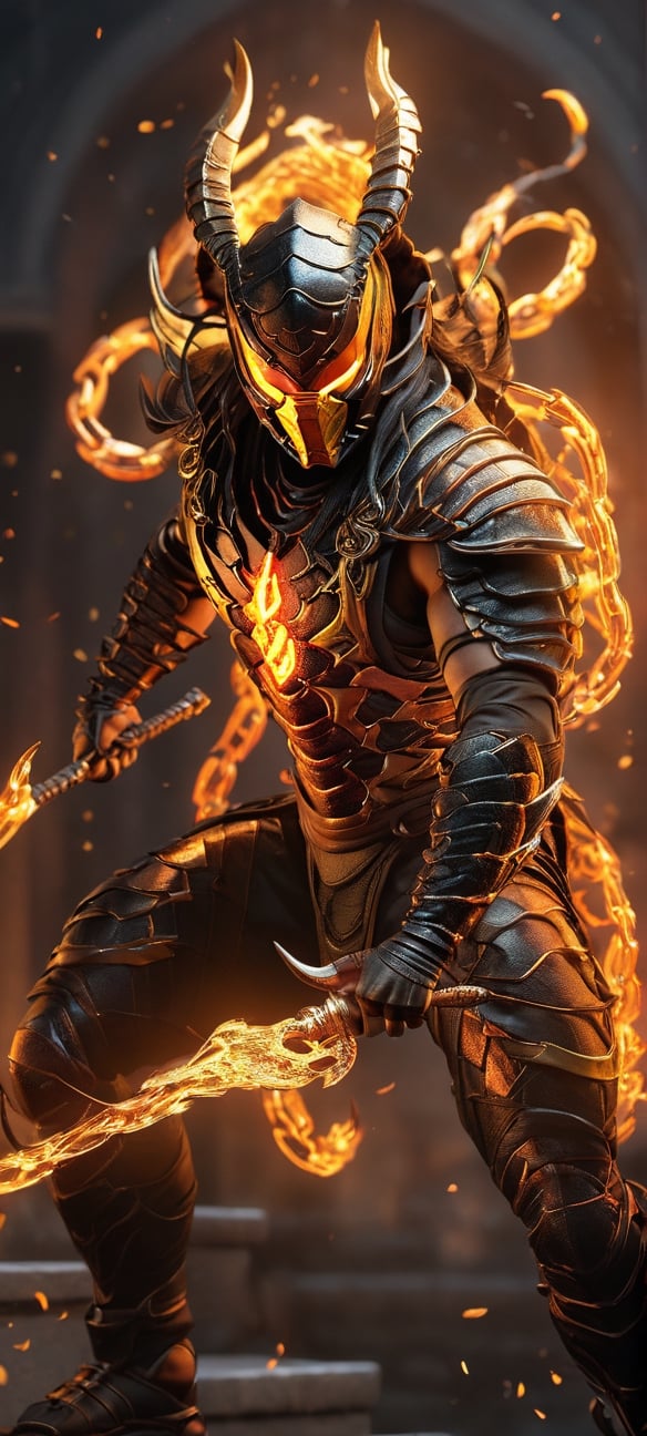 The model Kombat character Scorpion: "Imagine a visually stunning masterpiece of the Mortal Kombat character Scorpion, brought to life in breathtaking 8K Ultra HDR quality. Scorpion stands tall with a perfect, muscular body that exudes power and strength. His physique is chiseled, and every detail of his physique is finely sculpted. He's clad in a suit of flame fire armor that seems to be forged from the depths of hell itself. The armor burns with a fiery intensity, radiating heat and glowing with intense, burning reds and oranges. It clings to his body, accentuating his powerful form and menacing presence. In Scorpion's grasp, a hot, burning red chain crackles with infernal energy. The chain seems to be ablaze, its links glowing with an otherworldly intensity. Scorpion holds it with an air of deadly confidence, ready to unleash its fiery wrath. The background of this highly detailed image is a raging inferno, a sea of flames that engulfs the scene. The fire dances and roars, casting dynamic shadows and creating a fiery halo around Scorpion. The image is a true masterpiece, capturing Scorpion's deadly appearance in all its glory, with unparalleled detail and intensity.", octane render, dripping paint,bingnvwang