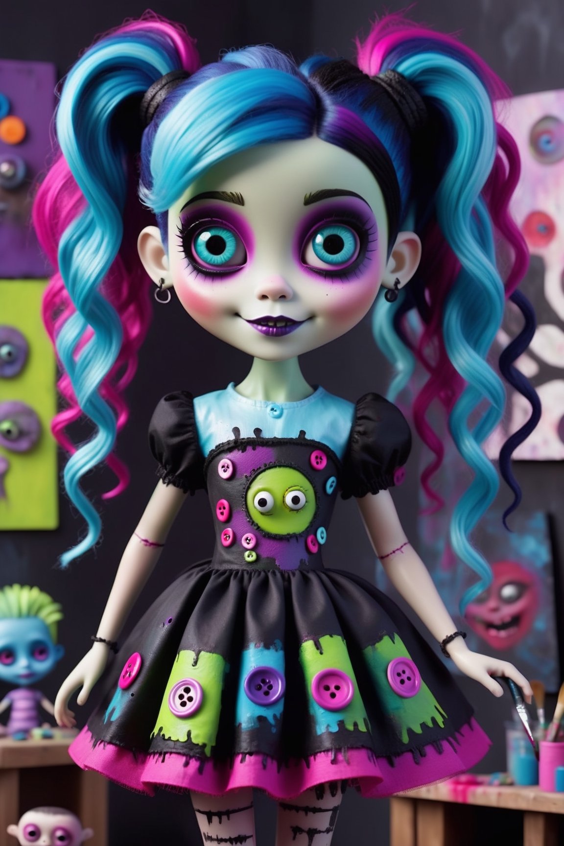 Hyper-realistic, Cinematic Render, creepy stop motion movie, Tim Burton style, full body portrait, young, tiny, very short, ((very cute)) Frankenstein monster girl, chibi, (light blue skin), black and magenta hair, creepy patchwork cloth dress, cut out cloth patches and (big neon stitches) , colorful buttons, high texture, splashes of colourful paint on dress and hands, (the letters "TA" on the dress) , very large blue eyes, (holding a ((large paintbrush)) and paint palette), strange oil painting in background, messy pigtails, magenta and blue hair, heavy makeup, cute smile, mischievous smile , creepy smile, muted colours, inspired by Paranorman movie ,3d style, high depth of field, 