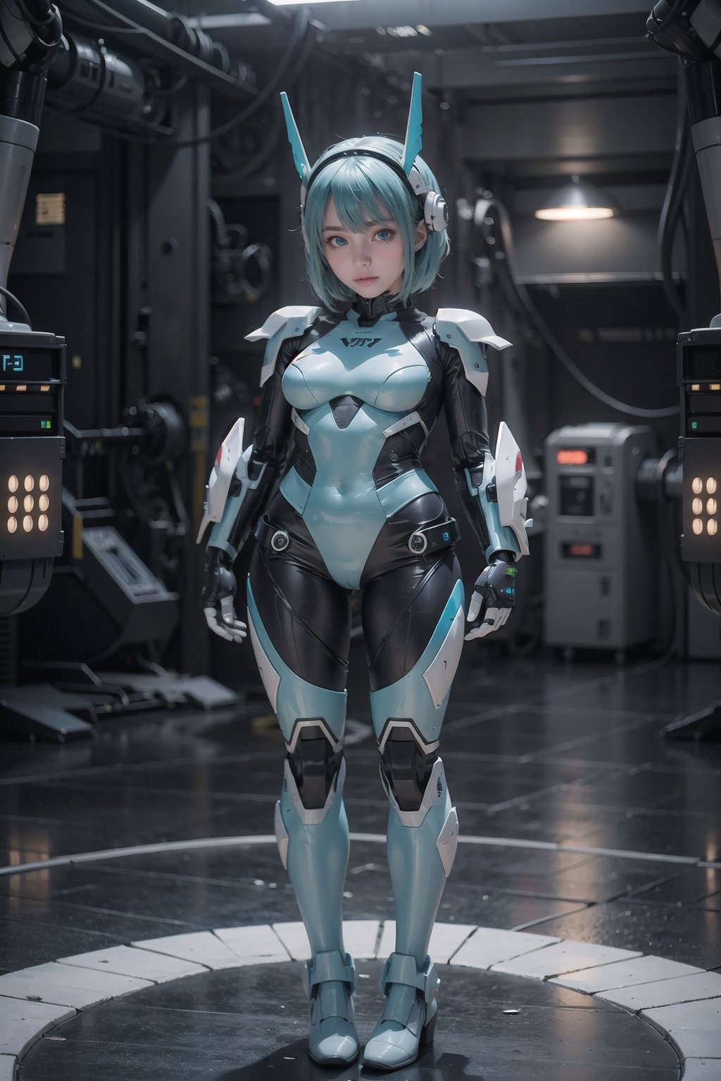 full body:1.2, (masterpiece), science fiction, scenery,  1girl, short hair, bangs, aqua hair color, light blue eyes, mecha headgear, sci-fi bodysuits, 