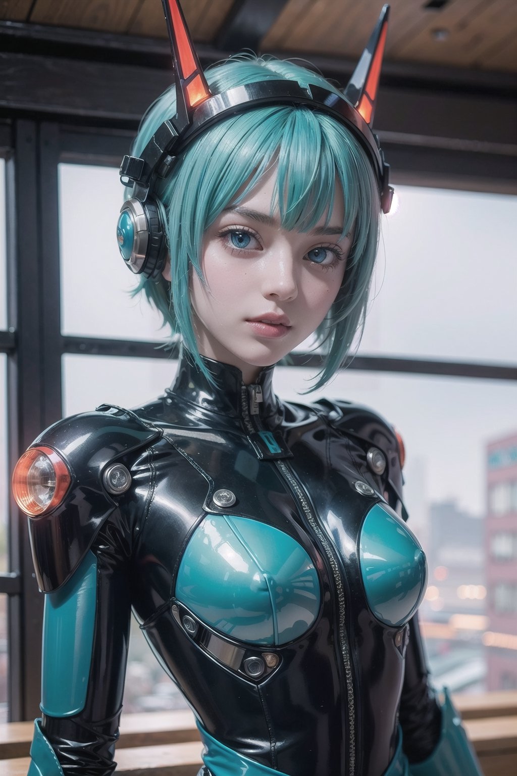 (masterpiece), science fiction, scenery,  1girl, short hair, bangs, aqua hair color, light blue eyes, mecha headgear, sci-fi bodysuits, 