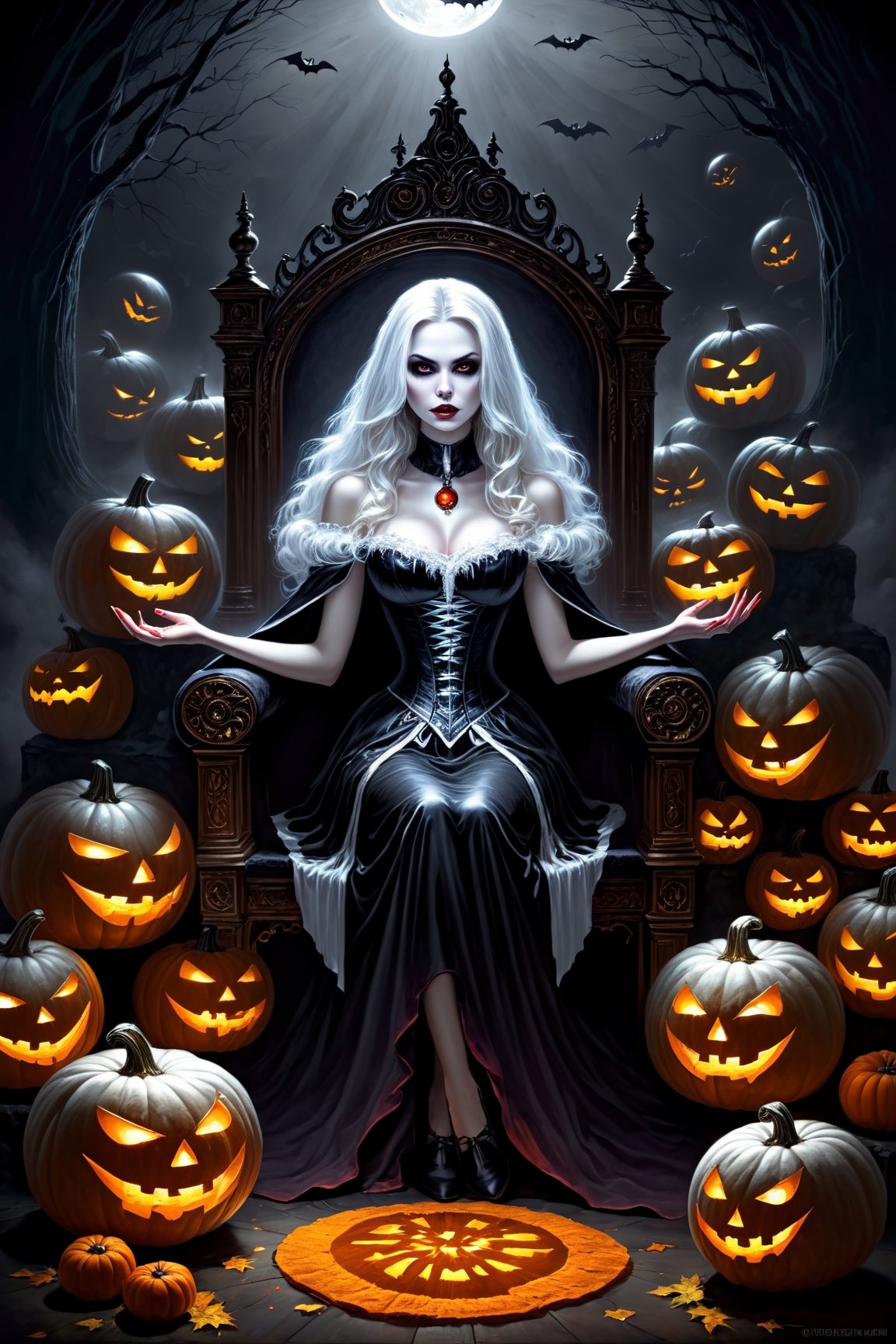 (Masterpiece, Top  Quality, Best Quality, Official Art, Beautiful and aesthetic:1.2), (black-and-white:1.5), vampire queen sitting on her thrown carving a jack-o-lantern while her sad zombie minions watch, Halloween, Blood dripping from above, mystical, Oil Painting:1.5, holy, Background of darkness, Black background, Dark shadows behind, nightmare_night,detailmaster2,HellAI,DonMn1ghtm4reXL