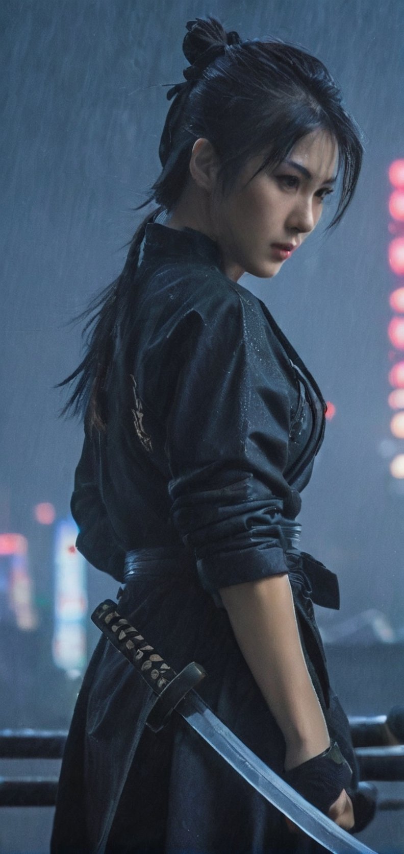 Create a last ninja woman in age of technology, Last battle, holding katana, background of futuristic tokyo, dark rainy day, highly detailed.,Movie Still,oni style,DonMPl4sm4T3chXL ,DonMCyb3rN3cr0XL ,DonMWr41thXL ,Film Still