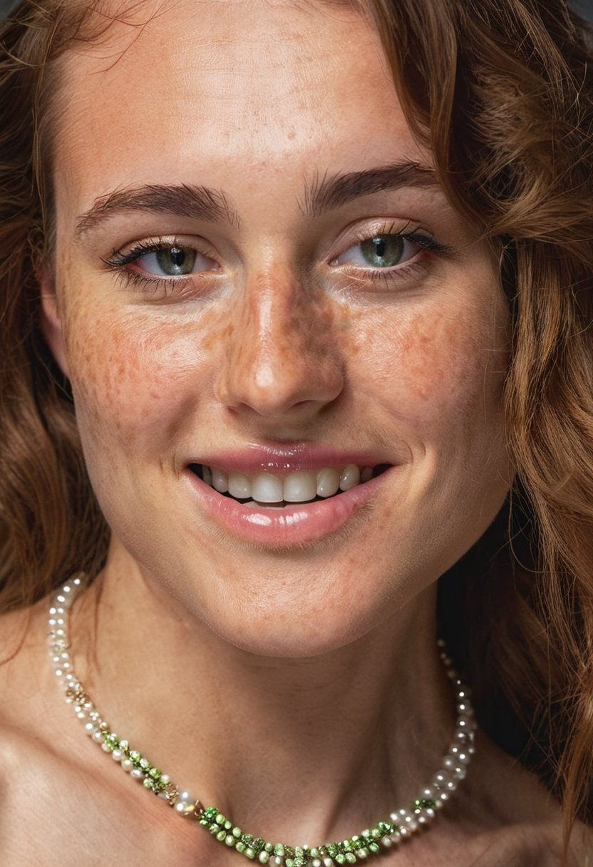 shantel vansanten close up Realistic 8K portrait: A young Smiling Freckles brunette, green eyes, wind-blown long hair, pearl necklace; dramatic lighting, cinematic colors; hyper-above  
