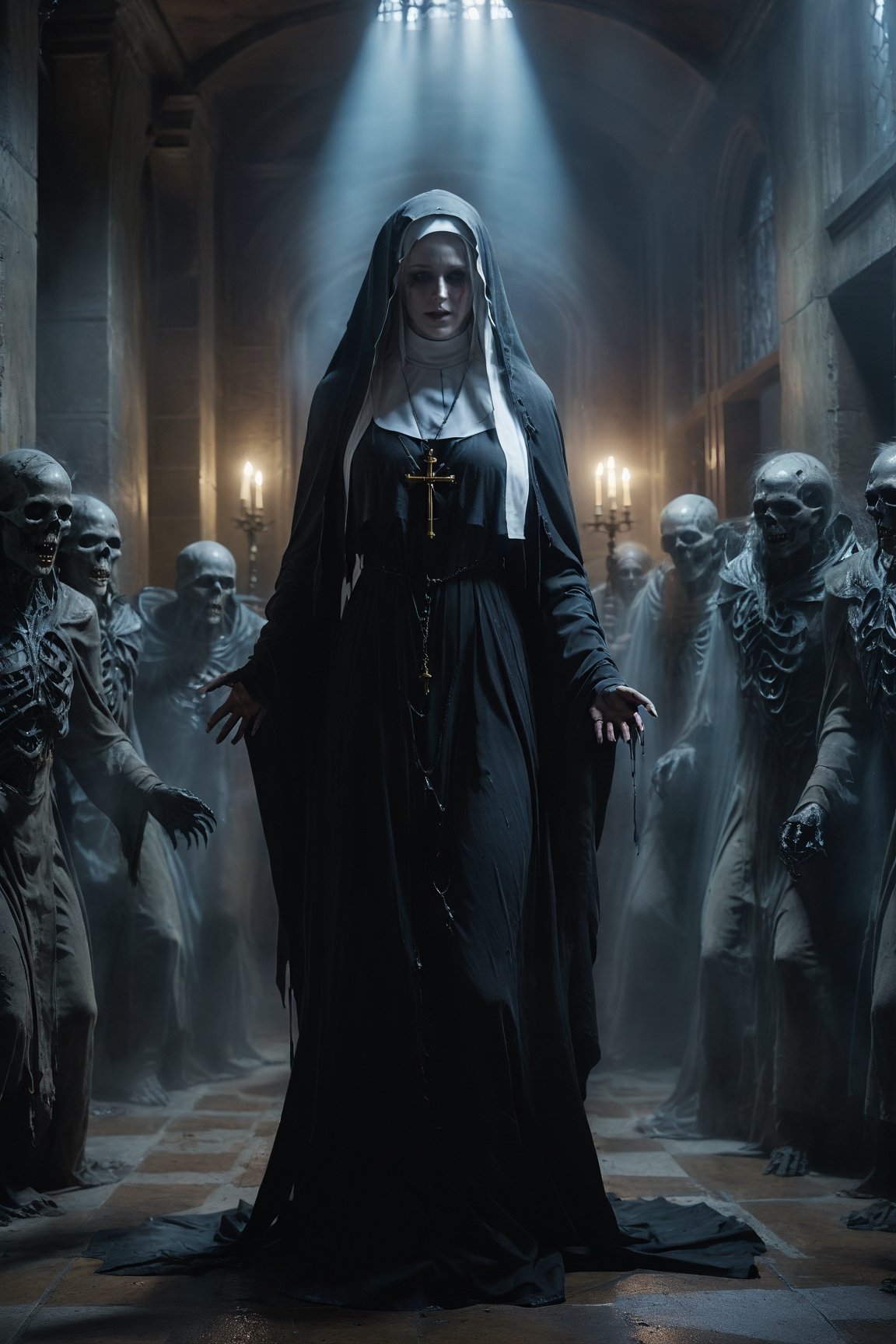 Create a spectral woman with a (translucent appearance:1.3), The nun, Darkness, underground stream, wet, Demon, absurdres,portrait of the most beautiful form of chaos,elegant,a brutalist designed,vivid colours,romanticism, dark army, atmospheric,trending on artstation,8k masterpiece,memento mori,full body photo of a woman in despair, visceral horror art,sombre and dark, ((surrounded by demons)),photograph,photo realistic, BREAK (dramatic, intricate, movie scene), ((epic)), (an amazing Cosmic deity Battles an army of undead creatures with holy magic:2) (dark light, crowded The Labyrinth of Reflections),(powerful colors, depth),((Natural, organic, different kind of textures & fabrics & clothes & materials)) ,ghost