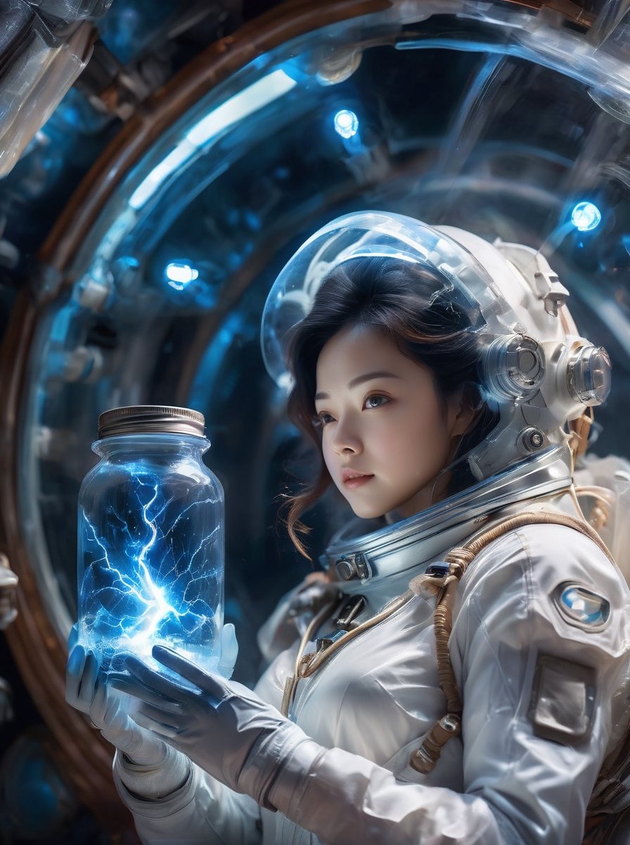 1girl, woman in high-tech space suit, through transparent visor,A look of relief,
beautiful face visible through transparent visor, white gloves, intricate blue mechanical vial,((holding jar containing lightning)), elaborate spaceship background,photo_b00ster,sad