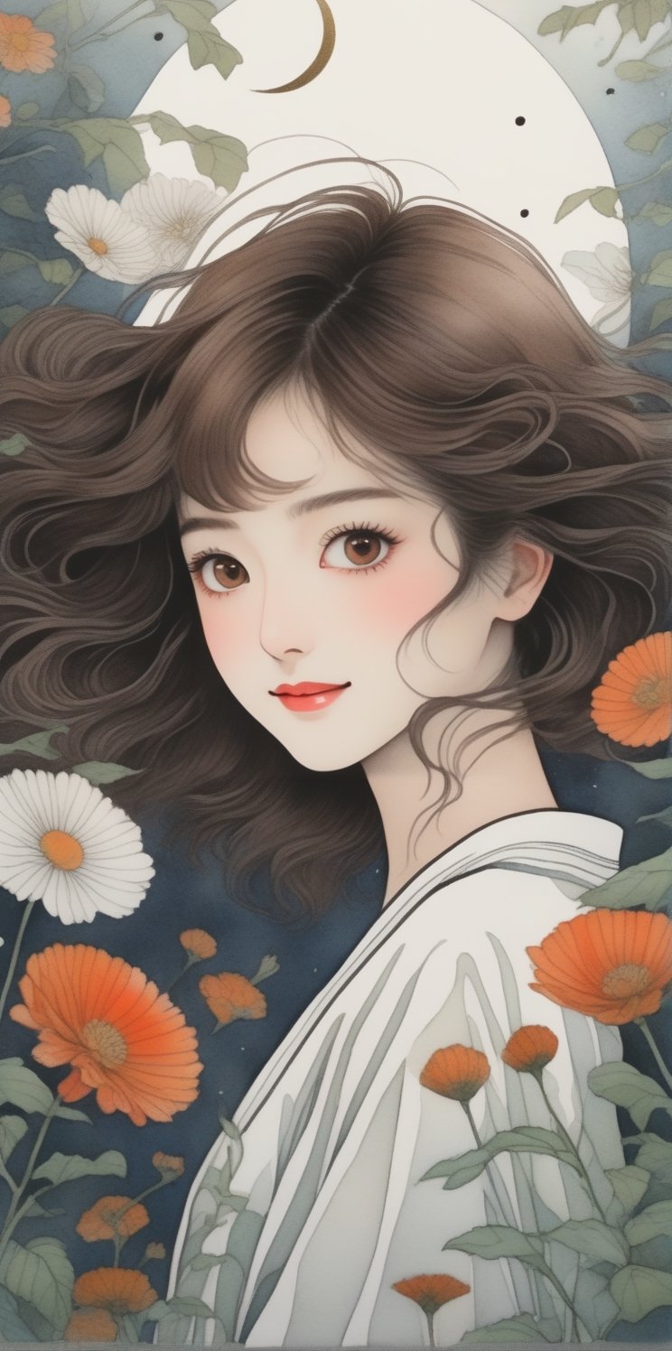8k, illustration, lovley, Japanese afterlife, occult, moody, eerie, Junji Ito, flat linework, watercolor, poster colors, well drawn face, well drawn eyes, flower,action pose, paper white background, amazing artwork, serendipity art, top half bodyfocus, intricate details, highly detailed, masterpiece, best quality, lineart, linewatercolorsdxl, Flat vector art,lamydef,girl wear white dress, short brown  hair ,black eyes, smile