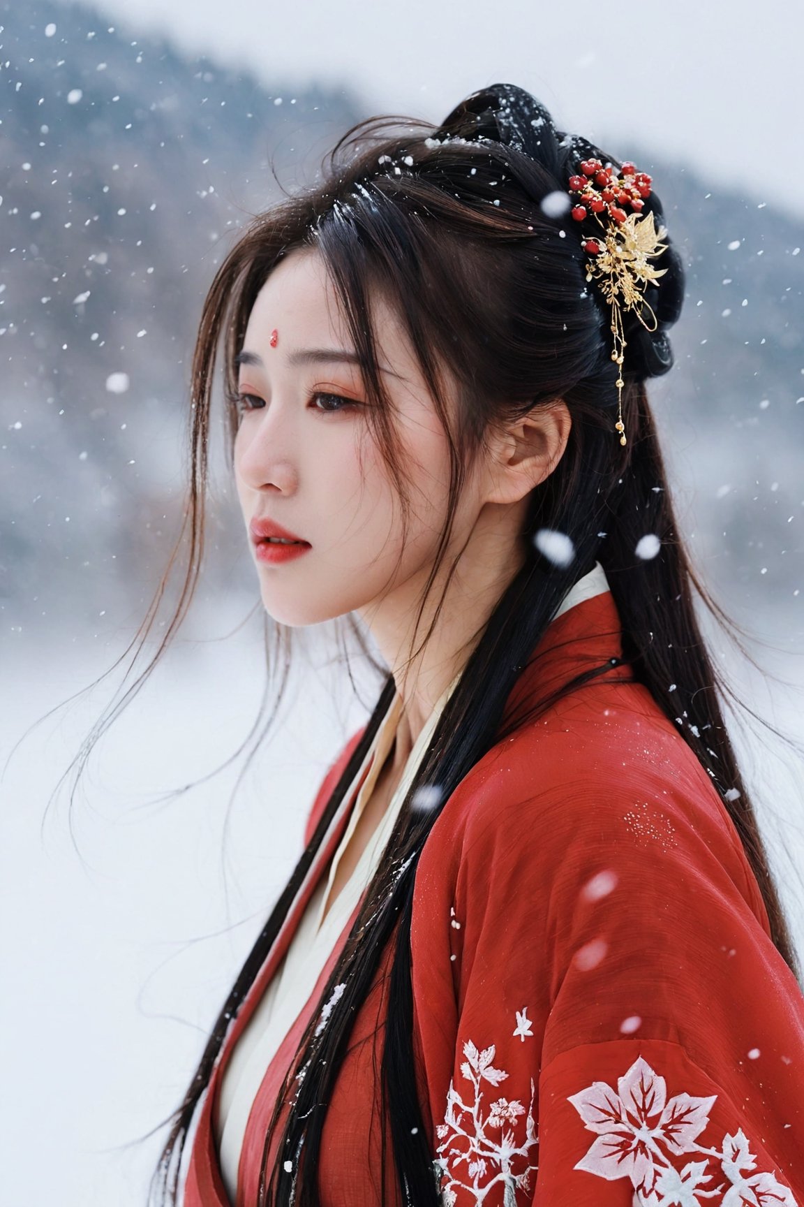 Best quality,(masterpiece:1.2),cinematic photo,1girl,A beautiful girl in red hanfu,Standing in the wind and snow,long hair blown by the wind,snow in the sky,upper body,snowing,snowy day,in winter,motion blur,(sad:1.1),(crying:1.1),close-up,(tears:1.1),(face focus:1.1),(close mouth:1.1),front view,