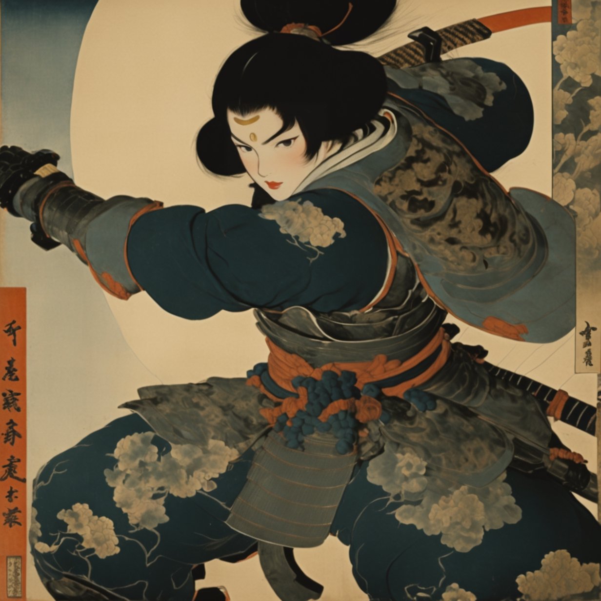 1girl, battle stance, armor, holding sword, masterpiece, best quality, aesthetic, ukiyo-e background,