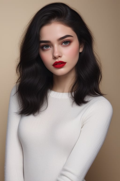 (masterpiece), beautiful girl, slim body, most beautiful, 18 year old, masterpiece, black hair, wavy hair, white skin, sharp jawline, sweater, messy hair, half body, tight dress, nipples visible on dress,  red lips, black eye, hd, 16k realistic, full body, ,<lora:659095807385103906:1.0>