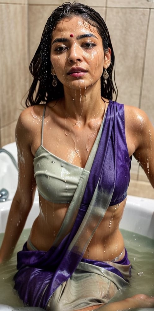 a woman in a purple saree drenching in rain for a picture, actress, glam, super model, by Max Dauthendey, leaked image, edited, inspired by T. K. Padmini, stylish pose, jaw-dropping beauty, stunning beautiful, stunning elegant pose, very attractive and beautiful, posing elegantly over the camera, ((wet clothes, wet hair, bathing in bathtub , face focused, skin pores, saree, wet saree))

,wet hair,SoakingWetClothes,Detailedface