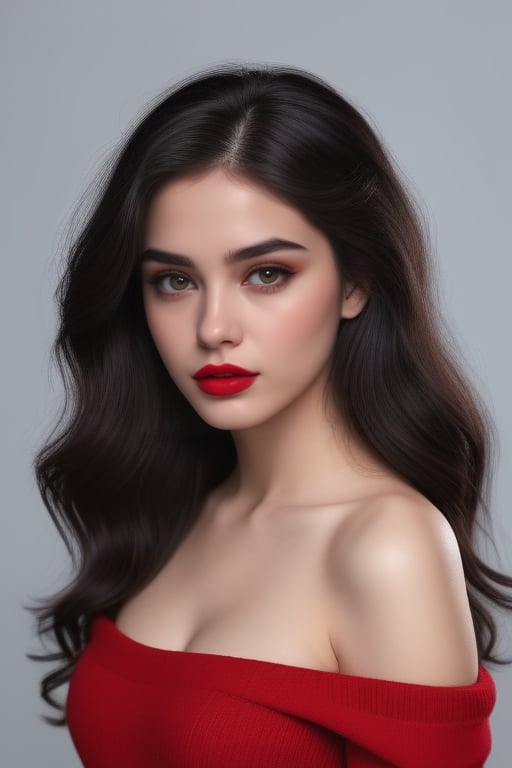 (masterpiece), beautiful girl, slim body, most beautiful, 18 year old, masterpiece, black hair, wavy hair, white skin, sharp jawline, sweater, messy hair, half body, tight dress, nipples visible on dress,  red lips, black eye, hd, 16k realistic, full body, ,<lora:659095807385103906:1.0>