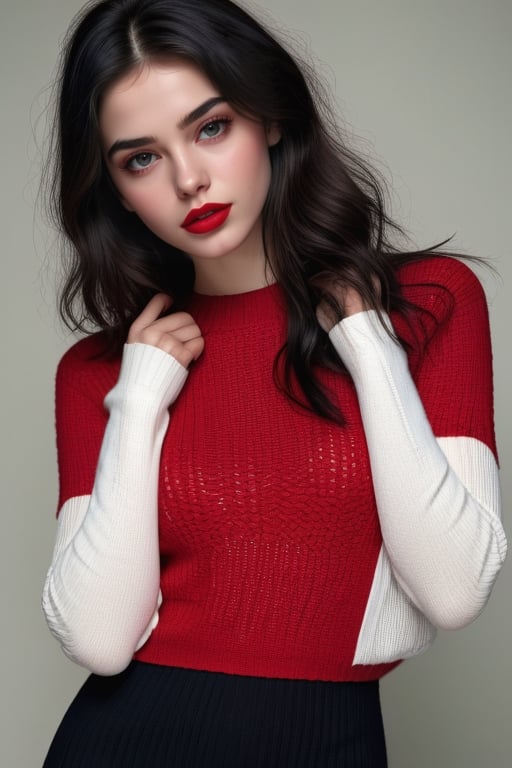 (masterpiece), beautiful girl, slim body, most beautiful, 18 year old, masterpiece, black hair, wavy hair, white skin, sharp jawline, sweater, messy hair, half body, tight dress, nipples visible on dress,  red lips, black eye, hd, 16k realistic, ,<lora:659095807385103906:1.0>,<lora:659095807385103906:1.0>