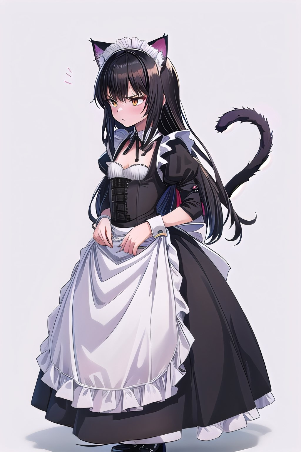 Woman, fluffy cat tail, cat ears, black hair, ((maid suit)), flat chest, standing slim, (empty_background), full body, sullen face, maid