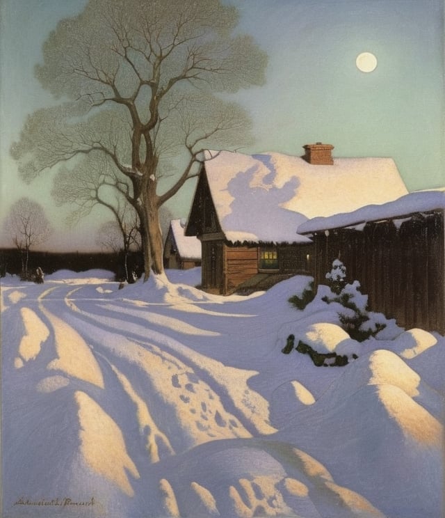 A serene snowy landscape bathed in the soft, silvery glow of a full moon. painted by Maxfield Parrish.  The moon casts an eerie green light on the snowdrifts, creating an otherworldly atmosphere.,oil paint 