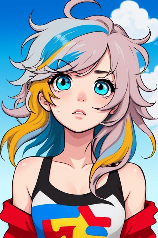 girl, messy_hair, multicolor_hair, sky_blue_eyes, cartoon