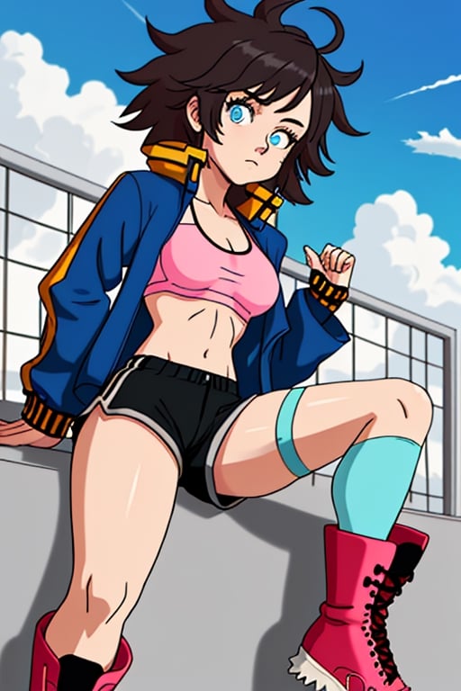 girl, teenager, messy_hair, multicolor_hair, sky_blue_eyes, cartoon, slim_waist, open_jacket, Sports_bra, shorts, boots, thigh_highs, relaxing