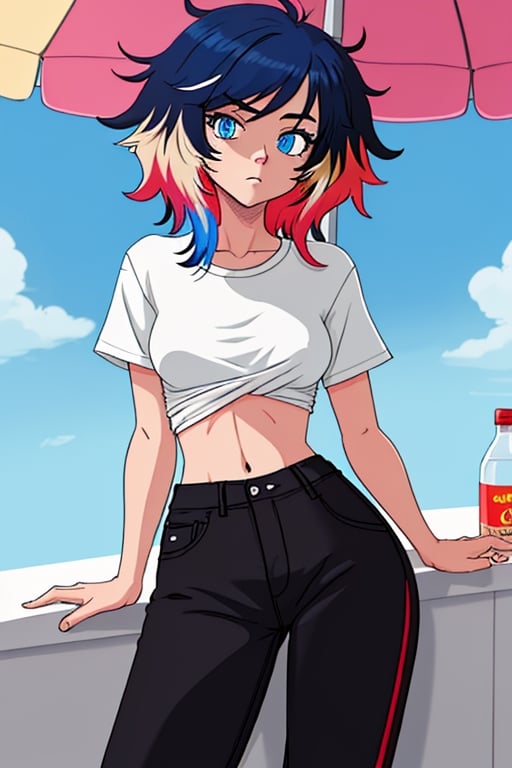 girl, teenager, messy_hair, multicolor_hair, sky_blue_eyes, cartoon, slim_waist, loose_shirt; sexy_pants, relaxing