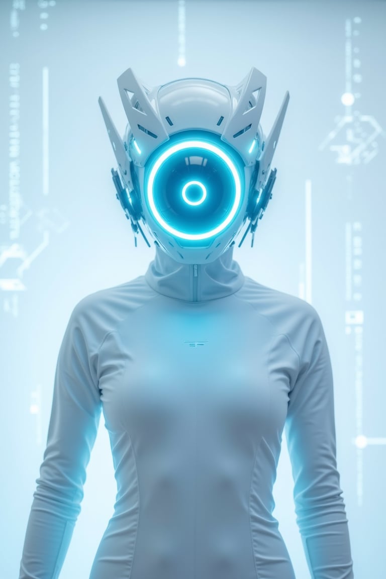 A sleek, minimalistic cosplay helmet with a smooth, streamlined design, featuring a matte white and light blue color scheme. The helmet has a soft blue LED ring at its center with a simple, circular symbol inside, surrounded by additional white and pale blue lights. The side components of the helmet are smooth, with minimal detailing. The figure is wearing a form-fitting, high-tech white bodysuit with subtle blue accents. She is standing in front of a clean, white and light blue hacker-themed background, filled with abstract code, simple digital lines, and soft glowing lights. The helmet's lights cast soft blue and white hues, merging with the minimalistic atmosphere.