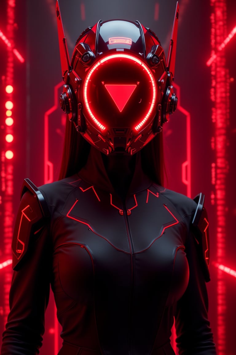 A realistic cosplay helmet with a sharp, angular design, featuring a glossy red and matte black color scheme. The helmet has a glowing red LED ring at its center with a triangular symbol inside, surrounded by additional white and crimson lights. The side components of the helmet resemble advanced sensory equipment with sharp edges. The figure is wearing a sleek, high-tech black bodysuit with red highlights. She is standing in front of a red and black hacker-themed background, filled with flowing code, geometric patterns, and pulsing digital lights. The helmet's lights cast sharp red and white hues, merging with the high-tech atmosphere.