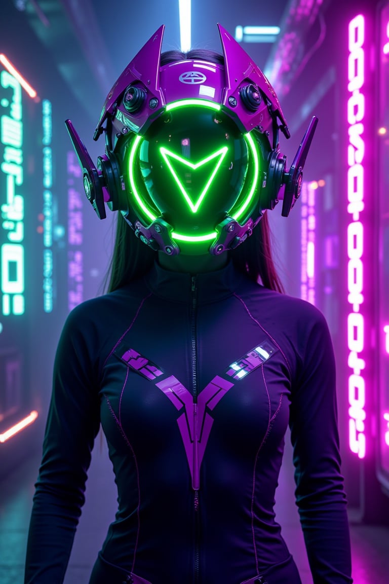 A bold, neon-styled cosplay helmet with a futuristic, edgy design, featuring a shiny purple and neon green color scheme. The helmet has a glowing neon green LED ring at its center with a sharp, angular symbol inside, surrounded by additional neon green and purple lights. The side components of the helmet are jagged, resembling advanced cybernetic implants. The figure is wearing a tight, high-tech dark purple bodysuit with neon green highlights. She is standing in front of a vibrant, neon hacker-themed background, filled with dynamic code, neon light streaks, and electrifying digital effects. The helmet's lights cast vivid neon green and purple hues, blending with the cyberpunk atmosphere.