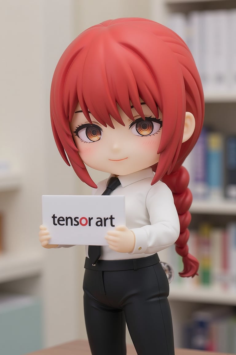 chibifigure,3d,flux_makima, collared shirt, white shirt, black necktie, black pants, red hair, single braid, in the office holding a sign with the text: "tensor art", smiling evilly