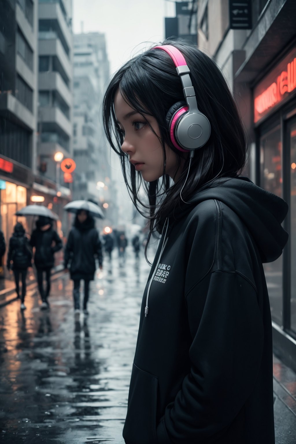 Girl alone, beautiful, solo, incredibly absurd, hoodie, headphones, street, outdoor, rain, neon, masterpiece