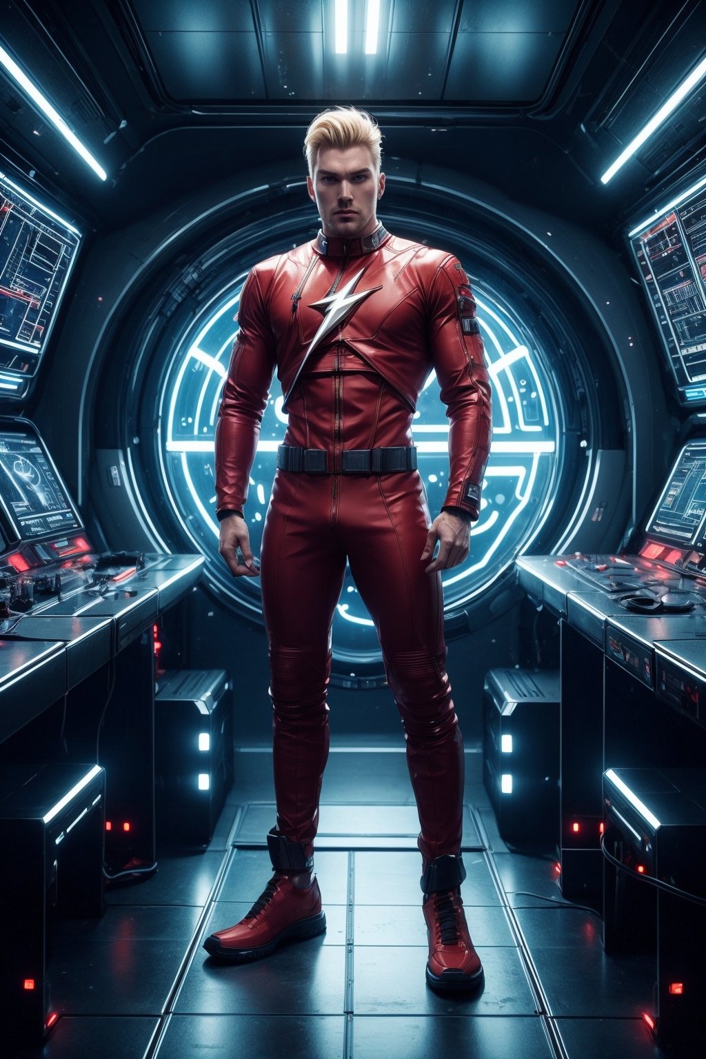 A full body portrait of Flash Gordon, blue eyes, blonde hair, muscular, red outfit, stand in natural stance at the Futuristic room, science fiction, neon lights, screens, inside a spaceship, space outside, planets, photorealistic, masterpiece, cinematic, best quality, high resolution