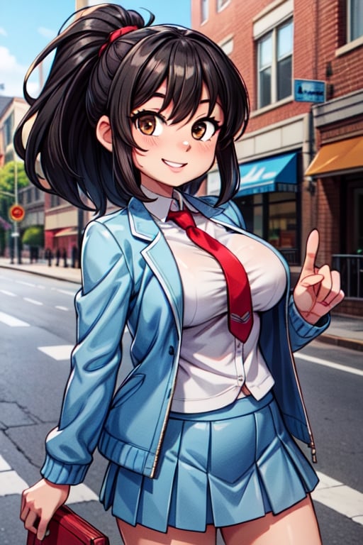 1girl, solo female,black hair, medium hair, ponytail hairstyle, brown eyes, white blouse, blue mini skirt, light blue jacket, red tie,smile face, big breasts, looking at viewer,on the street,  4k, high resolution