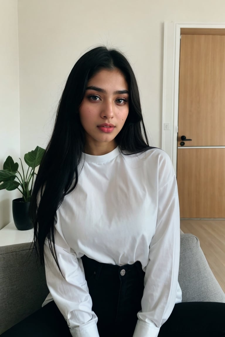 same face ,her name is aria. head to toe, round facei, latina girl, Instagram influencer, black long hair, glossy juicy lips,blue eyes cute, 18-year-old girl, wearing a shirt and tight black jeans, sitting on sofa in a typical middle class house,
,ffc selfie,bzbikini,lift_shirt