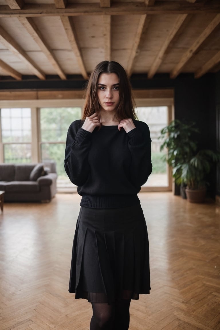Create a hyper-realistic goth victorian vampire woman, 22 year old, MILF, fit body,wearing black sweater and skirt,lust look, long messy red hair, bigbreasts, pale skin, dark make-up, , an living room photorealistic.full body,
photo shoot, influencer, instagram
Detailedface,shirt_lift