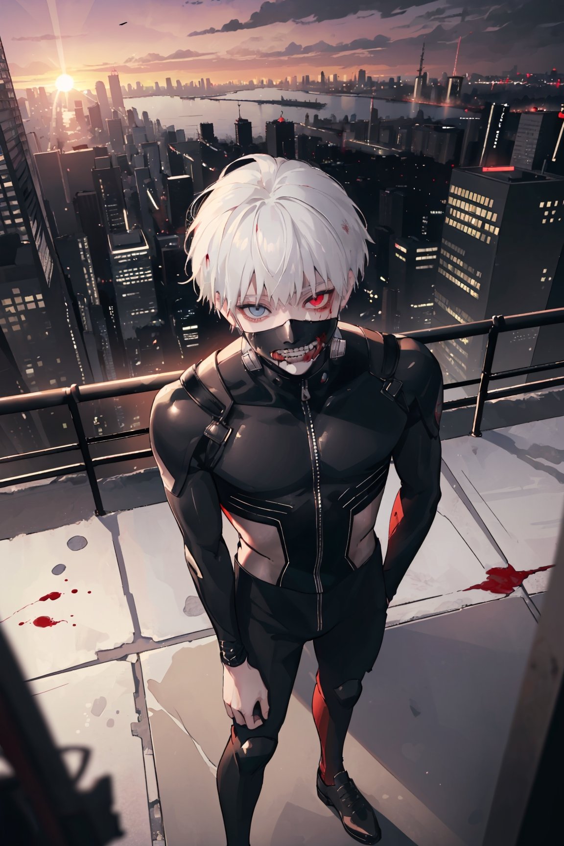 ((masterpiece, best quality)), 1boy, male, Kaneki ken, black hair, white hair, (heterochromia red and black eye), mask | teeth, blood eyes, bodysuit), waiting, outdoors, dark city, abandon city, depth of field, sunset, from above, dutch angle, (intricately detailed).