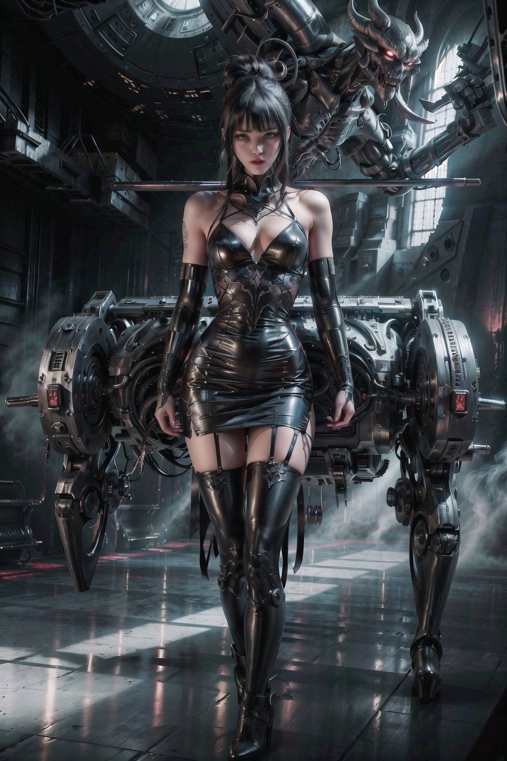 woman, 23, vampiric,  black hair, vibrant tattoos, piercings, high long ponytail, ((leather dress)), strappy stiletto shoes, red lips, angry, (pretty blue eyes), pretty face, teasing, evil look, derelict spaceship, standing with cyborg either side, smokey atmosphere, dark and moody lighting, vamptech, manga panel, full length,sketch, dominant, vibrant,