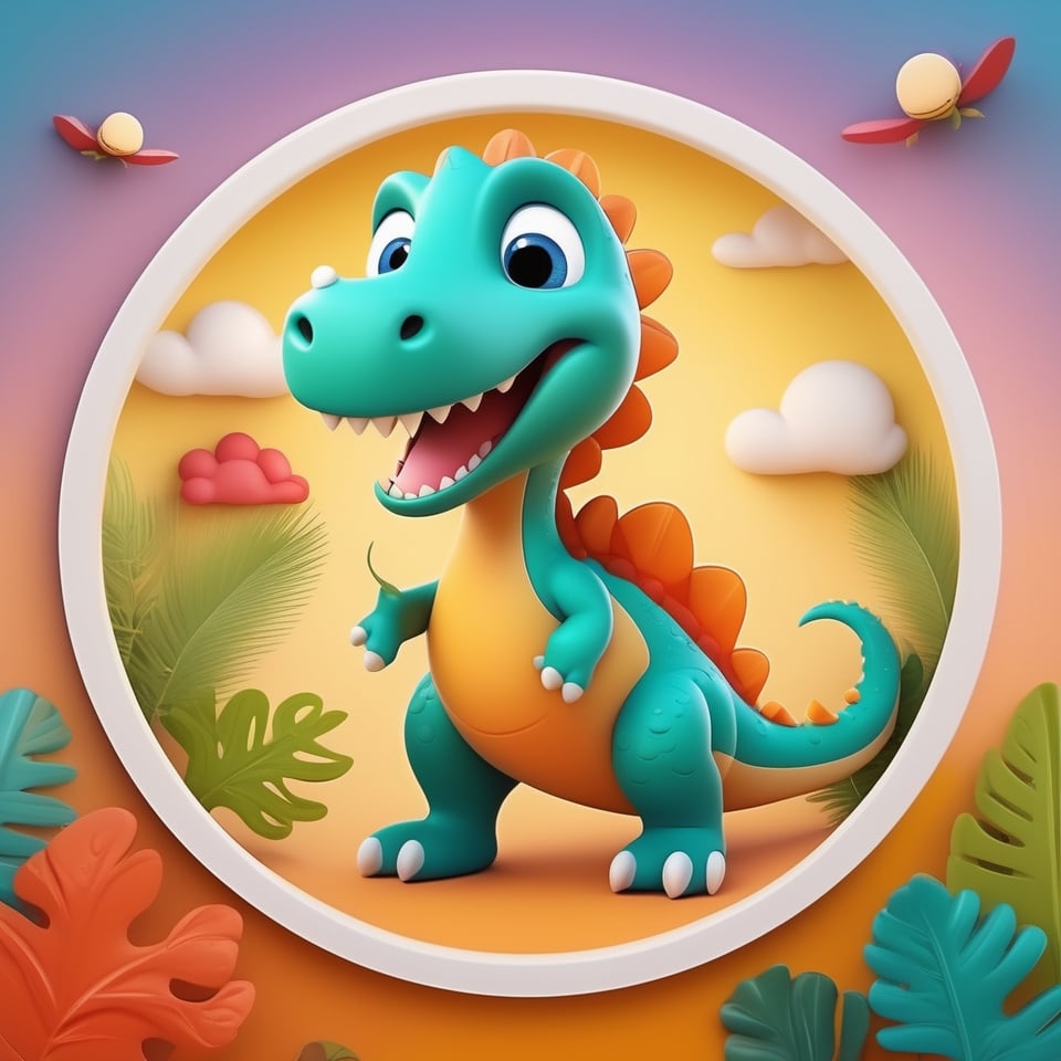 male super cute dinosaur inside a circle background, cute cartoon style, colorful, very clear, very creative, beautiful, 3d childish cute cartoon style:1.3, exceptional cute dinosaur anatomy, Asian folklore:1.22