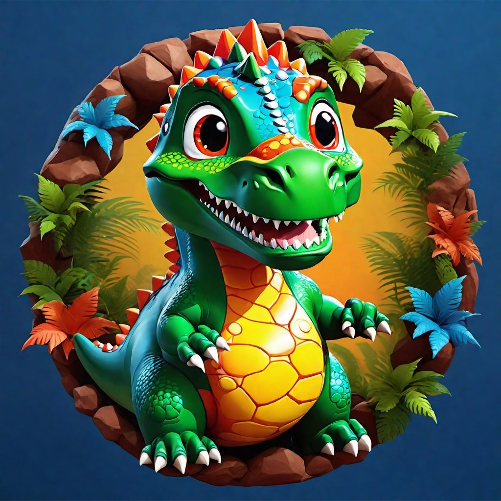 tshirt design of a very very cute 3d male super cute dinosaur inside a circle background, cute cartoon style, colorful, very clear, very creative, beautiful, childish cute cartoon style:1.3,