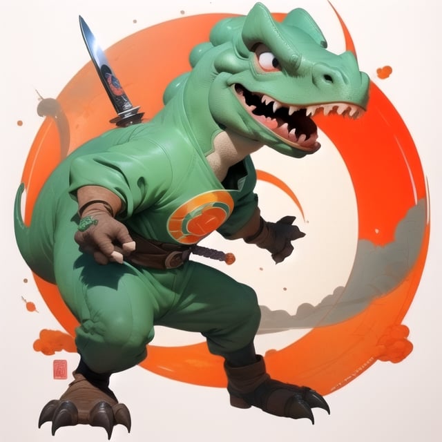  male super cute dinosaur inside a circle background, cute cartoon style, colorful, very clear, very creative, beautiful, childish cute cartoon style:1.3, weapon,