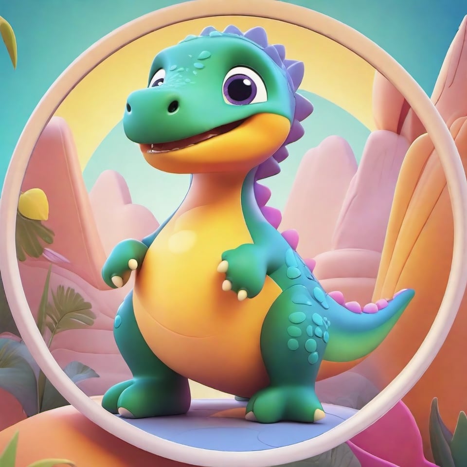 male super cute dinosaur inside a circle background, cute cartoon style, colorful, very clear, very creative, beautiful, 3d childish cute cartoon style:1.3, exceptional cute dinosaur anatomy, Asian folklore:1.22